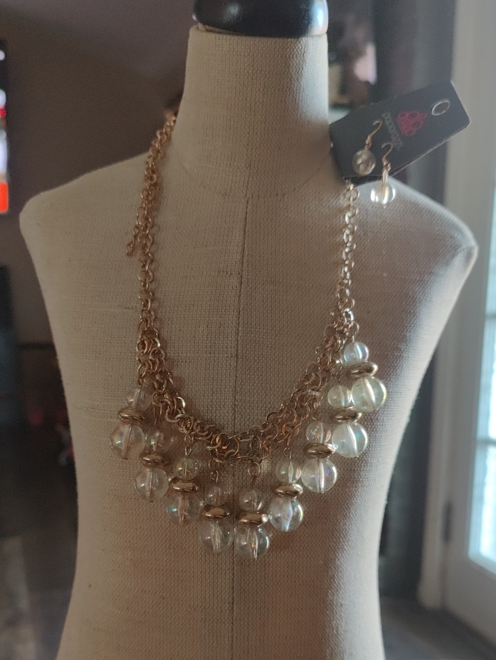 Gold Chain Necklace with Iridescent Bead Drops - Women's Jewelry